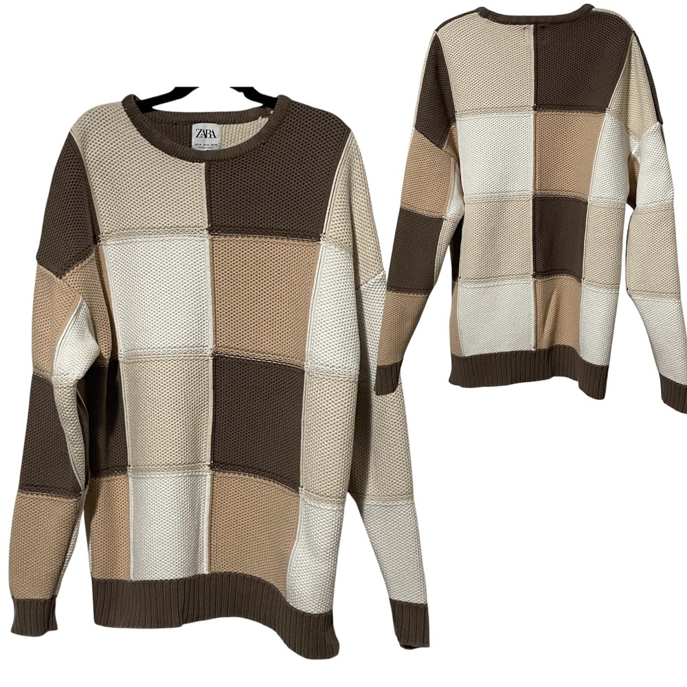 Zara Mens Patchwork Knit Sweater Brown Tan Cream Colorblock Crewneck Size M
